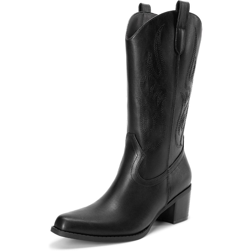 Women's Black-pu Faux Suede Square Toe Cowboy Mid Calf Western Boots 15 Inches